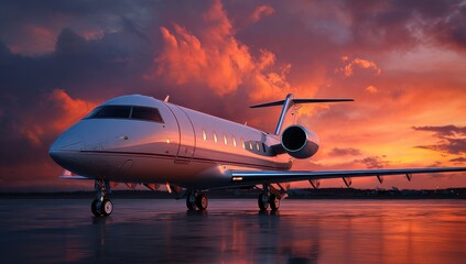 A sleek private jet sits on the tarmac, reflecting the vibrant colors of a dramatic sunset sky.