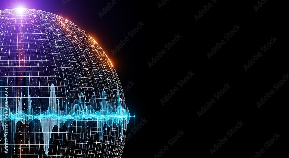 Poster abstract global network data visualization: futuristic soundwave globe, digital technology concept