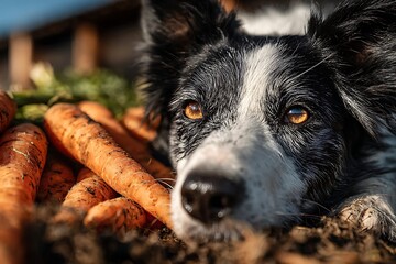 Border Collie dog with brown eyes looking at fresh carrots, healthy pet and vegetable interaction