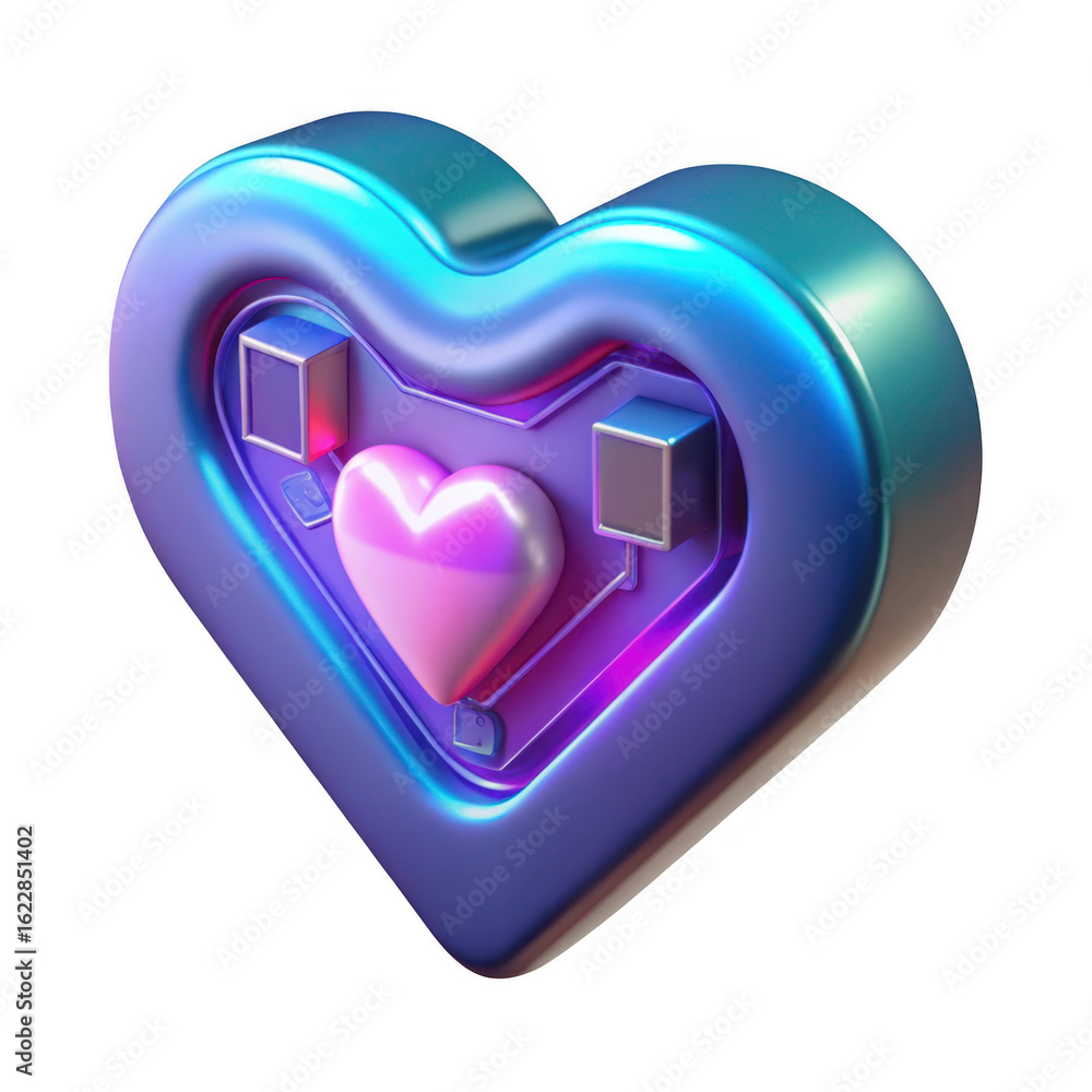 Poster futuristic heart shape with glowing inner core and metallic cubes isolated on transparent background