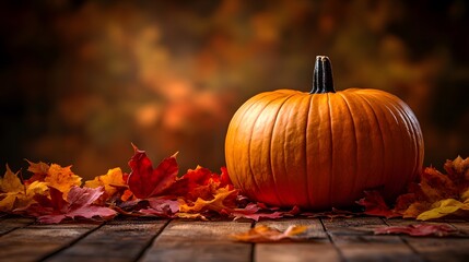 Bright orange pumpkin surrounded by colorful autumn leaves on rustic wooden surface in cozy fall atmosphere