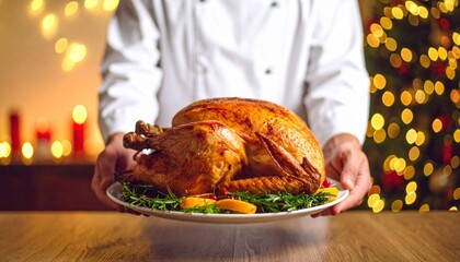 Chef presents a golden-brown roasted turkey on a platter, garnished with greens and citrus, against a festive, warmly lit background.