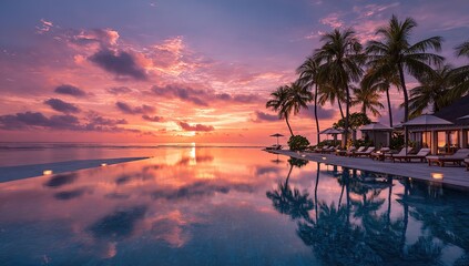 An incredible tropical sunset with vibrant orange and pink clouds reflecting over the sea and beach, casting silhouettes of palm trees on the coast.