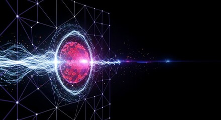 Abstract Futuristic Energy Sphere:  Global Network Data Transfer,  High-Tech Digital Concept,  Red Hexagon Design,  Dark Background.