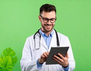 green background Happy young Caucasian doctor man in stylish eyeglasses and white coat typing on digital gadget, using tablet fir online medical communication, chatting with patients,