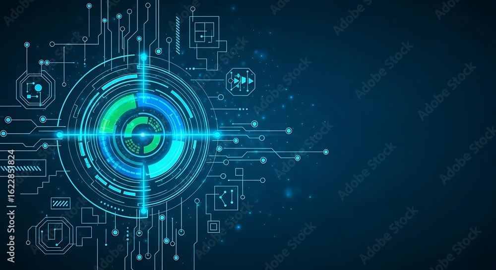 Poster abstract technology background: futuristic circuit board design with glowing teal and green nodes, d