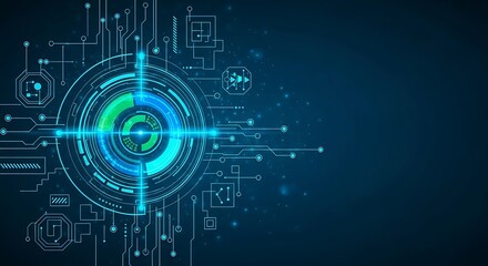 Abstract Technology Background: Futuristic Circuit Board Design with Glowing Teal and Green Nodes, Digital Network Concept.