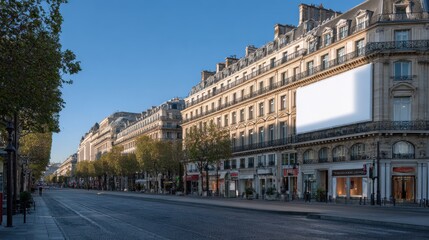 Paris Champs avenue advertising mockup, large white billboard above shops, elegant city architecture in background