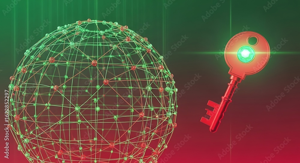 Poster global network security: red key unlocking green data sphere, abstract 3d render