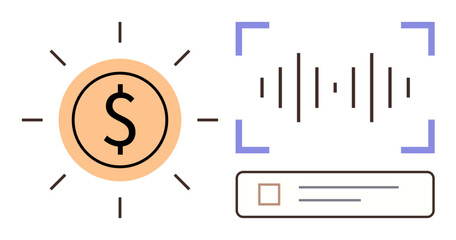 Dollar coin with radiating lines, soundwave in a scanning box, and checkbox interface. Ideal for finance, digital payment, fintech, online security, innovation, audio processing and mobile