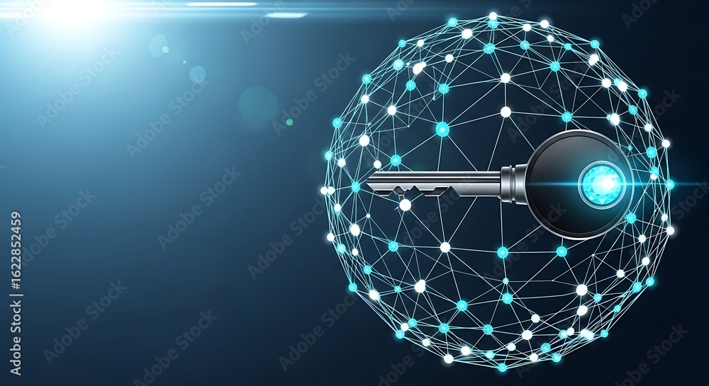 Poster global network security: futuristic key and illuminated sphere, abstract technology concept