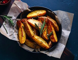 Roasted potato wedges with rosemary in baking tray