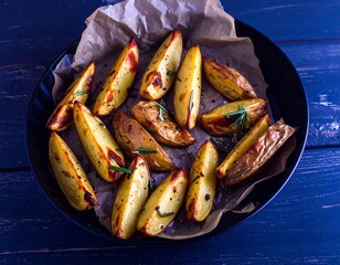 Roasted potato wedges with rosemary in baking tray