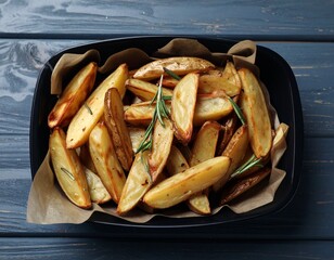 Roasted potato wedges with rosemary in baking tray