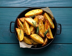 Roasted potato wedges with rosemary in baking tray