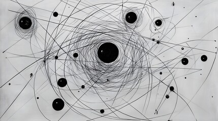 Abstract Cosmic Nebula Ink Drawing, Black Circles and Lines