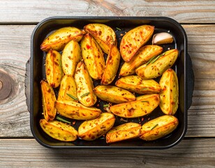 Roasted potato wedges with rosemary in baking tray