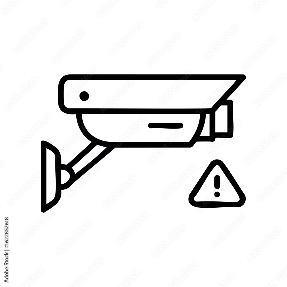 Aufkleber line art cctv security camera with warning sign – stock vector icon in line style