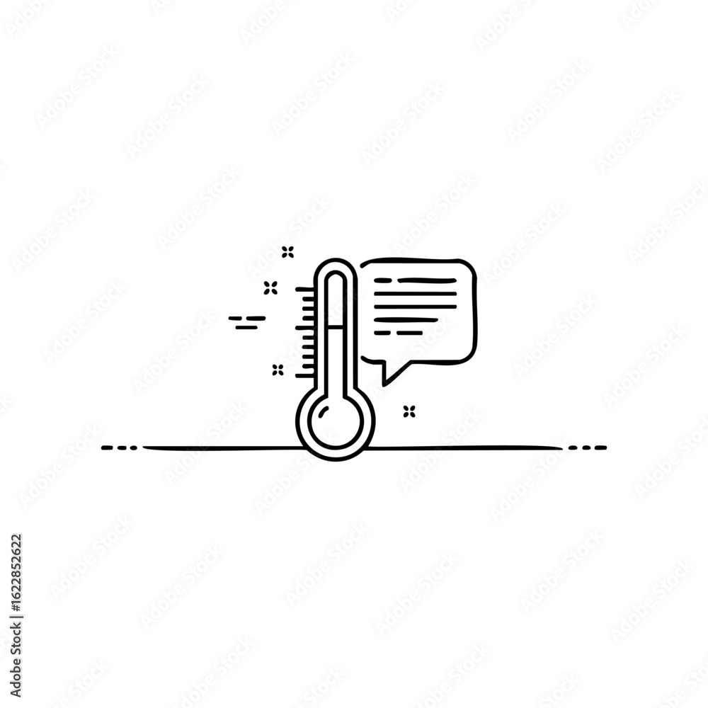 Poster simple black and white thermometer icon with speech bubble – stock vector icon in line style