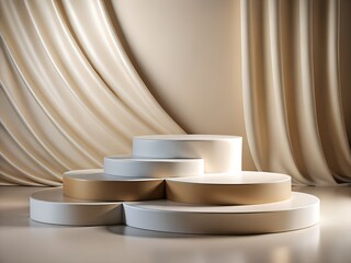 Elegant circular pedestal display with gold accents and soft beige fabric drapes, creating a luxurious atmosphere