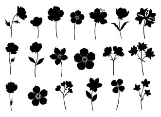 Collection of black vector flower silhouettes – Set of simple wildflowers for decoration, isolated on transparent background