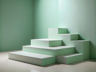 Modern geometric stepped pedestal display in soft mint green, featuring textured wall and subtle lighting