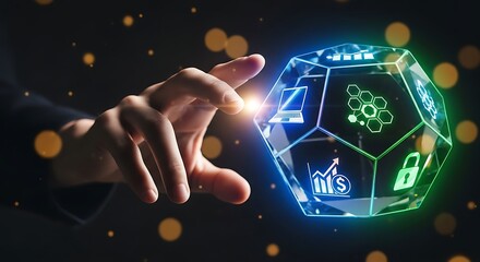 Hand reaching for futuristic glowing holographic data sphere;  business, technology, innovation concept.