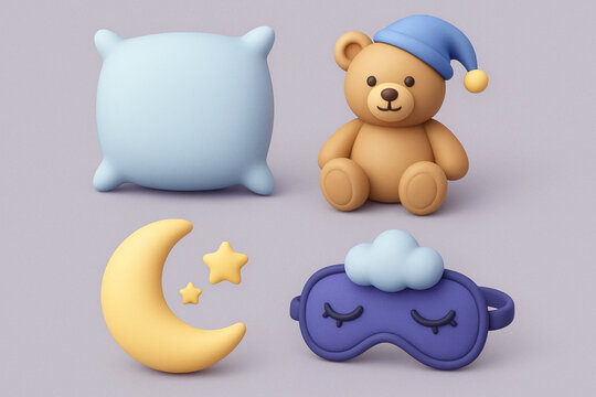 Cozy 3D Bedtime Icons Set – Pillow, Teddy Bear & Dreamy Sleep Essentials