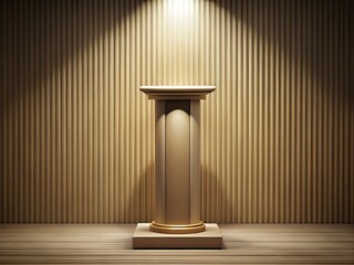 A classic wooden podium stands center stage under a spotlight, set against a backdrop of vertical curtains and a wooden floor