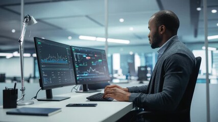 Focused Black businessman analyzes financial charts on dual monitors in modern office, driven by success. - Powered by Adobe