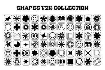  Y2K Icon Set Grid of 64 Futuristic Retro Symbols Retro shapes, smileys, faces, graphic design elements y2k, vector collection of graphic geometric shapes, signs and symbols of 2000s boho brutalism 