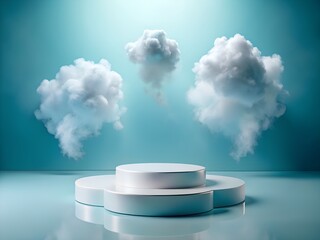 A multitiered stage pedestal surrounded by fluffy white clouds against a bright blue sky