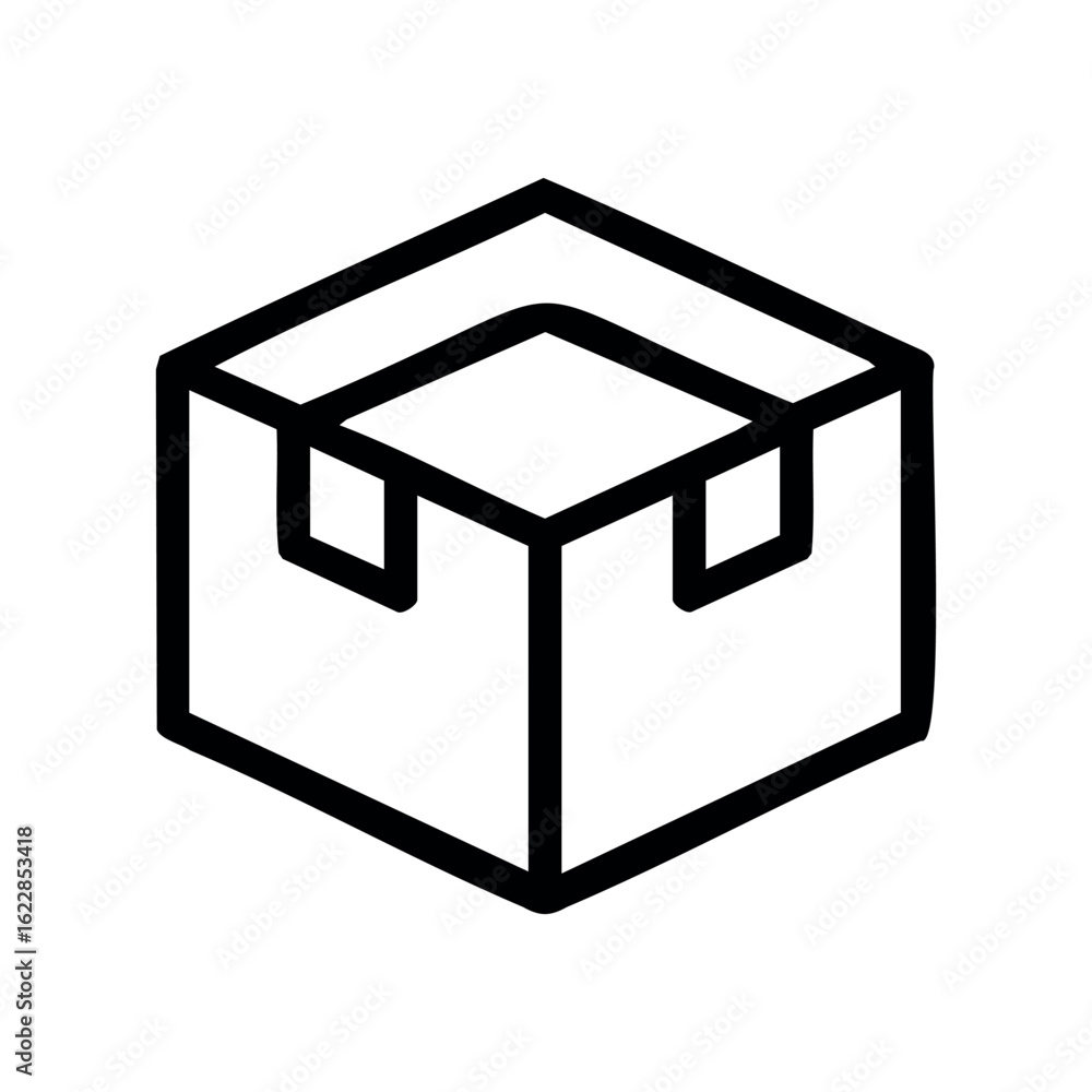 Poster simple line drawing of an open box in black and white – stock vector icon in line style