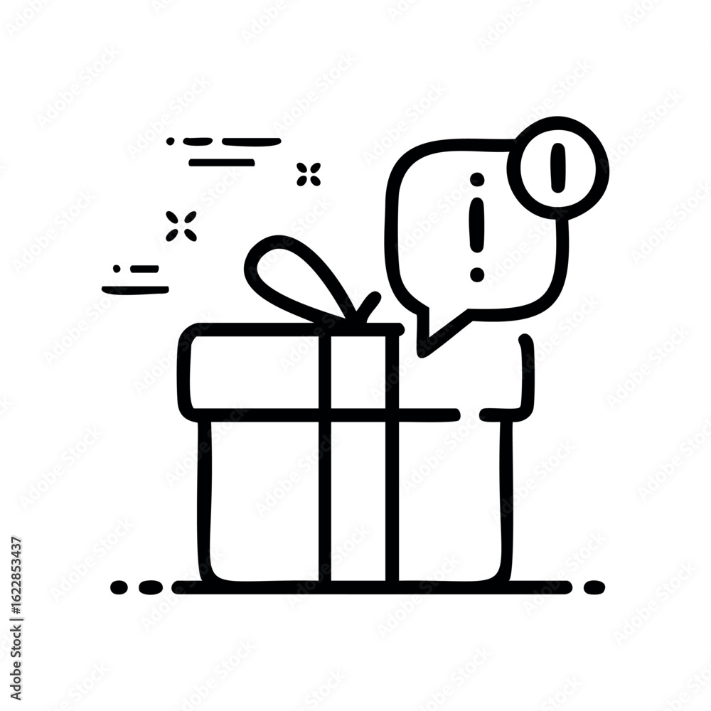 Poster surprise gift box icon with exclamation mark and alert symbol – stock vector icon in line style