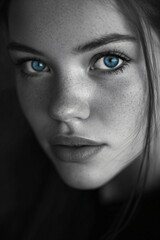 black and white portrait of a woman with bright blue eyes
