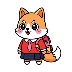 Cute cartoon fox character wearing a red sweater and tie, carrying a pink backpack, ready for school, showcasing a playful and cheerful back-to-school theme