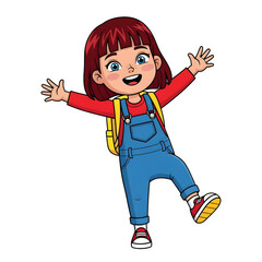 Cheerful girl with short red hair wearing blue overalls and a yellow backpack, joyfully posing with arms outstretched, embodying excitement for back to school season