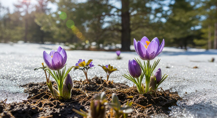 Spring Flowers Emerging from Melting Snow in Canadian Wilderness