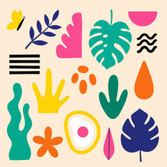 Whimsical botanical abstract shapes design evoking summer fun and playful vibes for creative projects