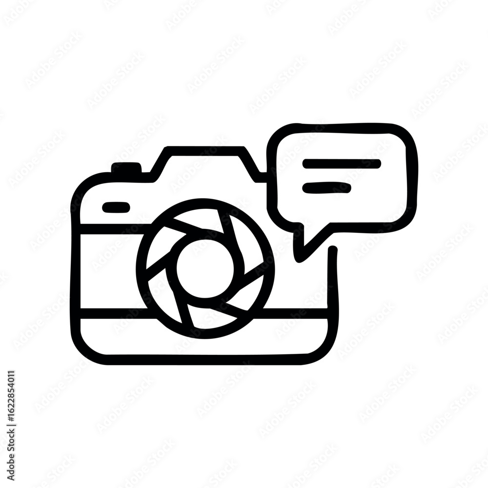 Poster outline of a camera with speech bubble illustration – stock vector icon in line style