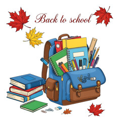 Colorful backpack filled with school supplies, surrounded by books and stationery, representing the excitement of back to school season and preparation for learning