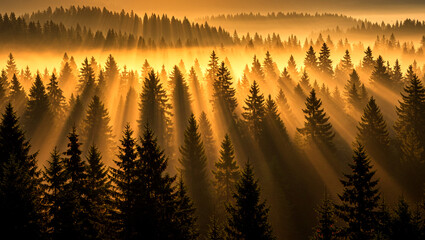 Golden Sunlight and Mist Over Dense Pine Forest Canopy