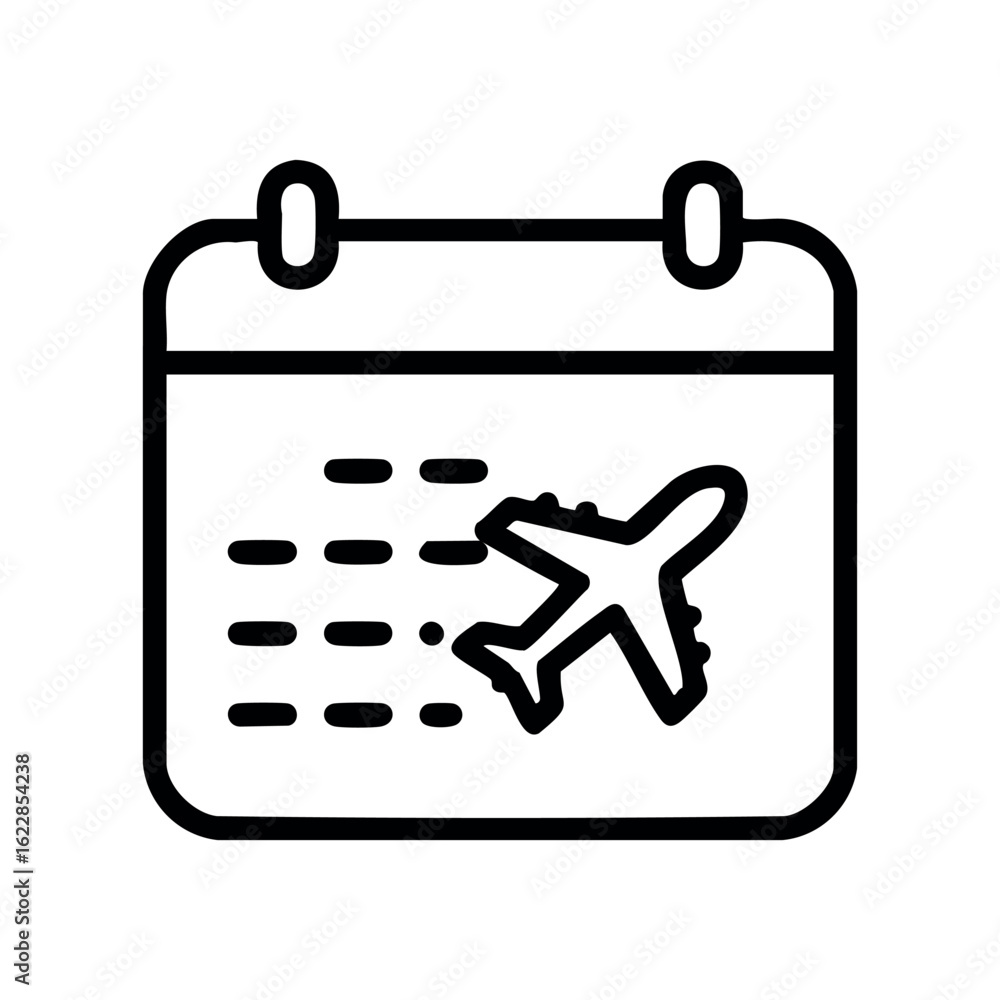 Poster airplane icon on calendar symbolizing travel dates and schedules – stock vector icon in line style