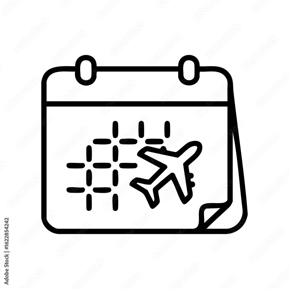 Poster airplane symbol on calendar representing travel date or flight schedule – stock vector icon in line 