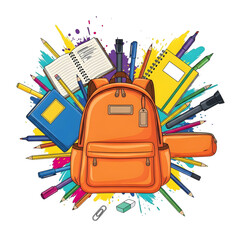 Colorful backpack surrounded by school supplies including notebooks, pens, and pencils, with vibrant splashes of color in background, representing back to school excitement and preparation