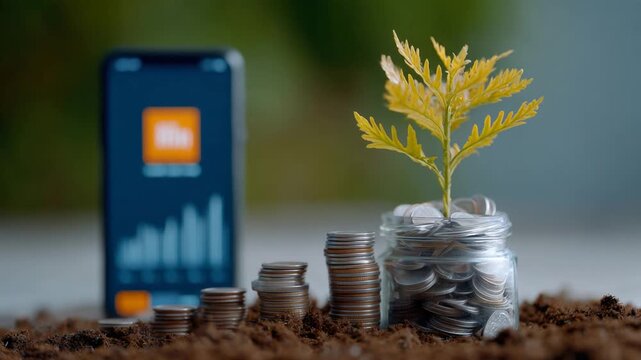 Experience the dynamic visualization of compound growth with a time-lapse of coins filling a digital savings jar on your mobile screen.