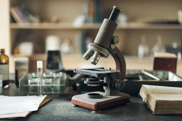 Fototapeta premium old microscope on dusty lab table. Abandoned research and outdated method