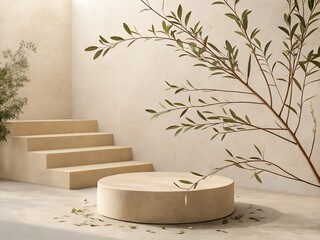 Minimalist beige pedestal with natural plant branch and stairs, modern interior design, copy space