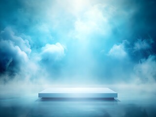 Abstract blue sky with clouds and ethereal light, minimalist pedestal, serene atmosphere, copy space