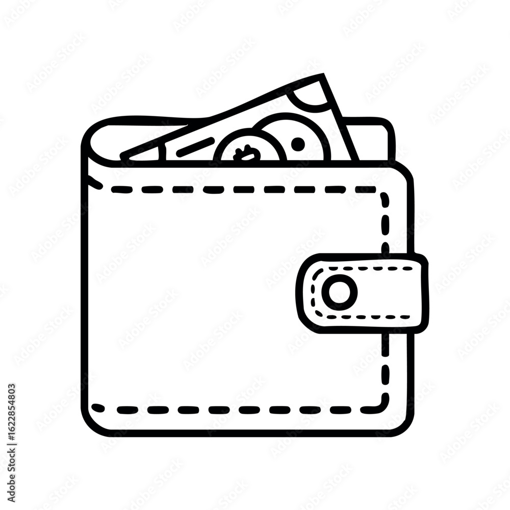 Poster simple line drawing of a wallet with cash inside – stock vector icon in line style